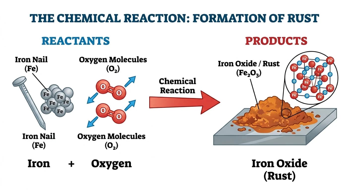 A simple diagram showing reactants (iron nail + oxygen molecule) on the left with an arrow pointing to products (iron oxide/rust) on the right. Colorful, educational, textbook style, white background, labeled.