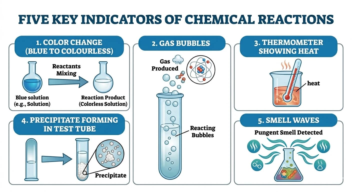 Educational illustration showing 5 indicators of chemical reactions: color change (blue to colourless), gas bubbles, thermometer showing heat, precipitate forming in test tube, smell waves. Clean, colorful, textbook style.